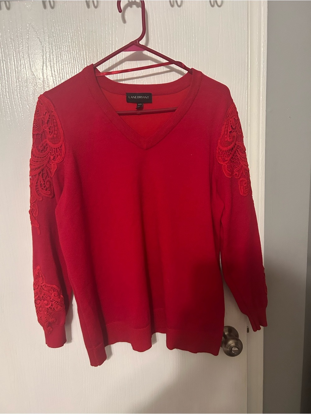 Lane Bryant Red V-Neck Sweater with Lace Sleeve Embellishment